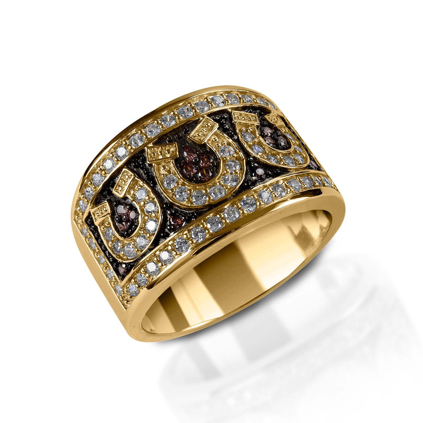 Make an unmistakable equestrian statement with the Kelly Herd Pavé Horseshoe Ring. This wide ring is pavé set with chocolate diamonds as a backdrop for clear diamond horseshoes. Available in your choice of white, or yellow 14k gold.  Features      Wide ring with horseshoes     Pavé set chocolate and clear diamonds     Available in white, or yellow 14k gold     13mm wide