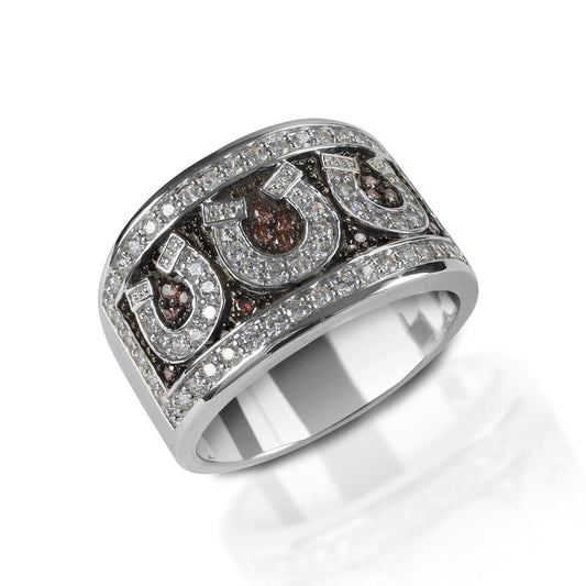 Make an unmistakable equestrian statement with the Kelly Herd Pavé Horseshoe Ring. This wide ring is pavé set with chocolate diamonds as a backdrop for clear diamond horseshoes. Available in your choice of white, or yellow 14k gold.  Features      Wide ring with horseshoes     Pavé set chocolate and clear diamonds     Available in white, or yellow 14k gold     13mm wide