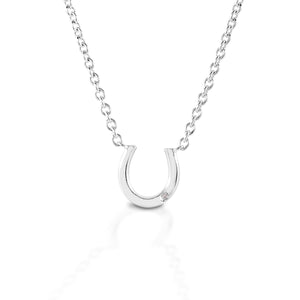 Modern and clean, the Kelly Herd Single Stone Horseshoe Necklace features a stylized sterling silver horseshoe with a small off set CZ stone. Adjustable 16-18" chain.  Features      Horseshoe pendant     Cubic zirconia stone     Made of sterling silver     Adjustable chain     12mm x12mm