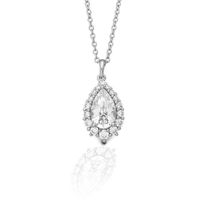 Crown yourself queen of your own realm with this timeless necklace that harkens back to the treasures of dynasties past. Exude elegance with this classic piece that can take you from day to night, work or play. Comes with a 16"-18" adjustable chain.  Features      Stunning Halo Set Pear Design     Enhanced with Clear Cubic Zirconia Stones     Sterling Silver     Measures 15mm high and 8mm wide     Includes 16"-18" Adjustable Chain