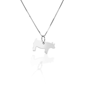     Pig Silhouette Pendant      16"-18" adjustable box chain with spring clasp     Sterling Silver     Measures 17 mm x 20 mm    