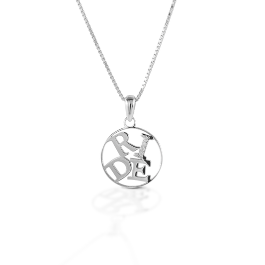 Would you rather be riding? Proclaim your love of equestrian sport with the Kelly Herd Ride Necklace. This contemporary sterling silver pendant features the work "RIDE" enhance with CZ. Comes with a 16"-18" adjustable chain.  Features      "RIDE" Pendant     Sterling Silver     Enhanced with clear CZ     Adjustable 16-18" chain     7mm x 6mm