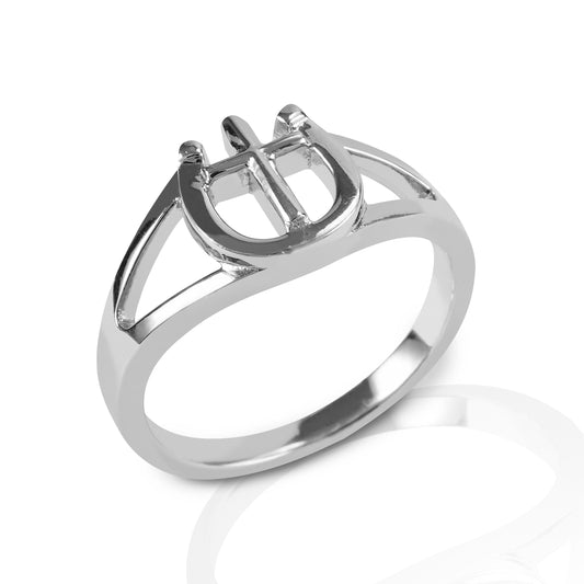 Faith, Luck and Horses! The Kelly Herd Cross & Horseshoe Ring combines them all in a gorgeously simple design of a lucky horseshoe with a cross inside. Made in your choice of white or yellow gold, you'll want to wear this ring every day.  Features      Cross and horseshoe ring     Made of white or yellow gold     Smooth, shiny finish     10mm wide