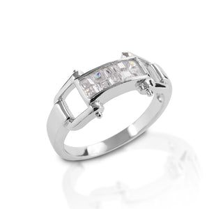 The Kelly Herd Wide Bit Ring offers a touch of the equestrian in a stylized wide bit ring. Made in sterling silver, enhanced with clear cubic zirconia stones.  Features      Snaffle bit ring     Enhanced with clear CZ stones     Sterling Silver     10mm wide