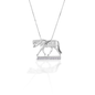 Wear your sport proudly! The Kelly Herd English Horse Necklace features a finely detailed trotting horse in English tack. Made of brushed sterling silver with the "ground" enhanced with clear CZ stones. Comes with adjustable 16-18" chain.  Features      English horse pendant     Enhanced with clear CZ stones     Sterling Silver     Adjustable 16-18" chain     27mm x 17mm   