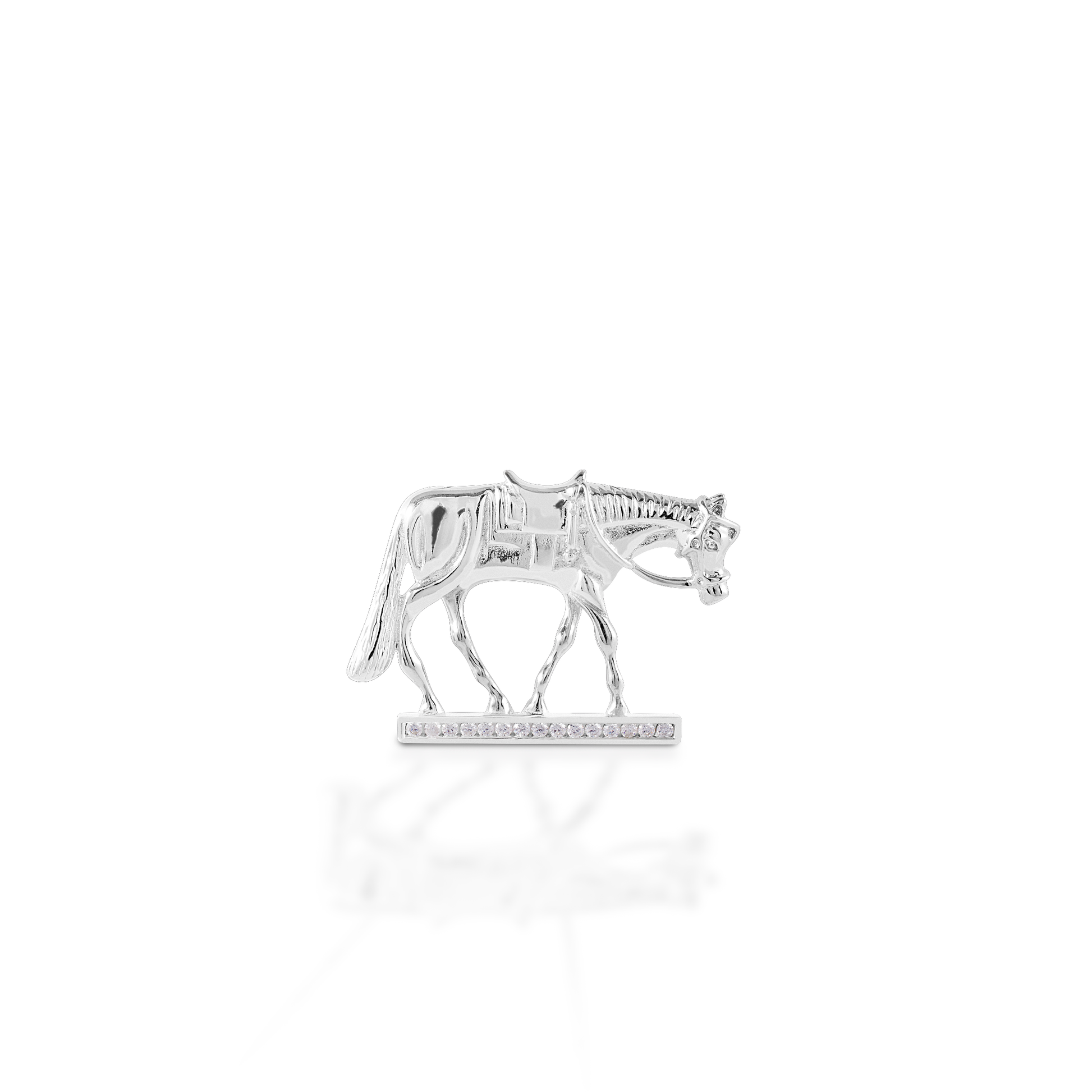 Wear your sport proudly! The Kelly Herd Western Horse Necklace features a finely detailed horse in Western tack. Made in brushed 14K gold, with the "ground" enhanced with diamonds.  Features      Western horse pendant     Diamonds     Available in 14K gold     30mm x22mm