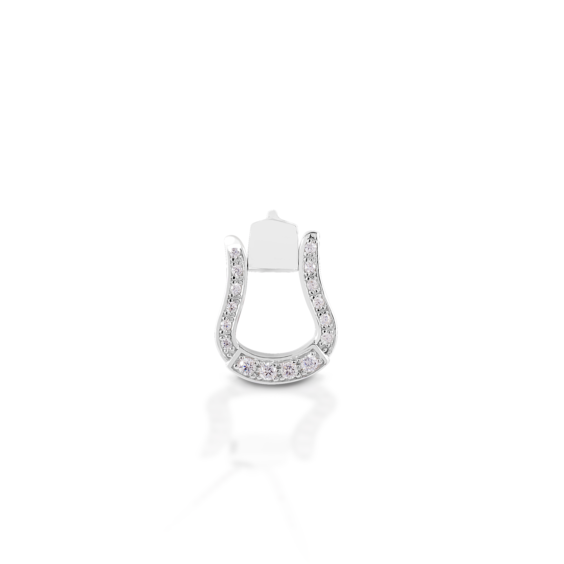 Cowgirl up with the Kelly Herd Oxbow Stirrup Pendant! This pendant features a Western oxbow stirrup shaped pendant fully enhanced with diamonds. Made of 14K gold.  Features      Western oxbow stirrup pendant     Diamonds     Available in 14K gold     14mm x 18mm