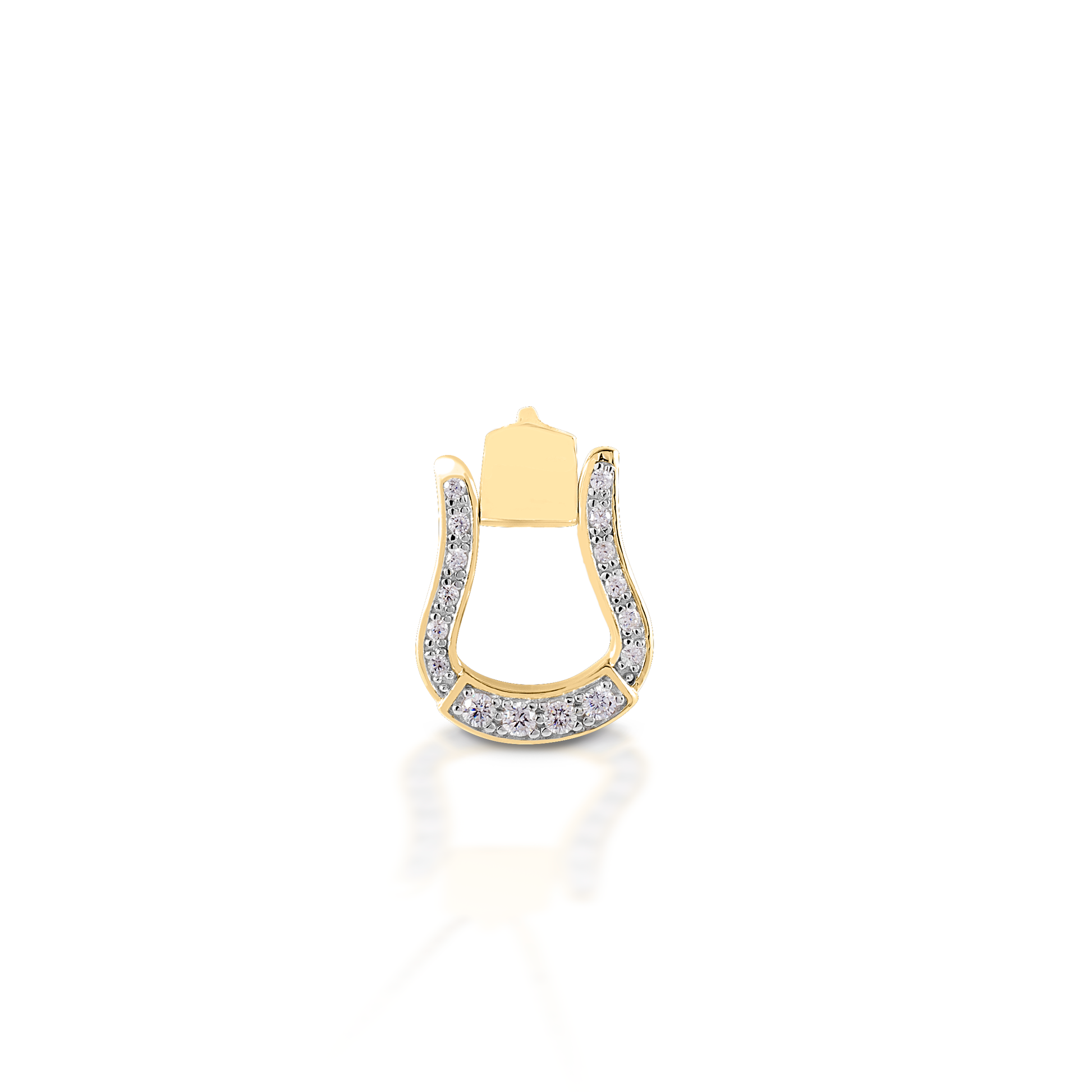 Cowgirl up with the Kelly Herd Oxbow Stirrup Pendant! This pendant features a Western oxbow stirrup shaped pendant fully enhanced with diamonds. Made of 14K gold.  Features      Western oxbow stirrup pendant     Diamonds     Available in 14K gold     14mm x 18mm