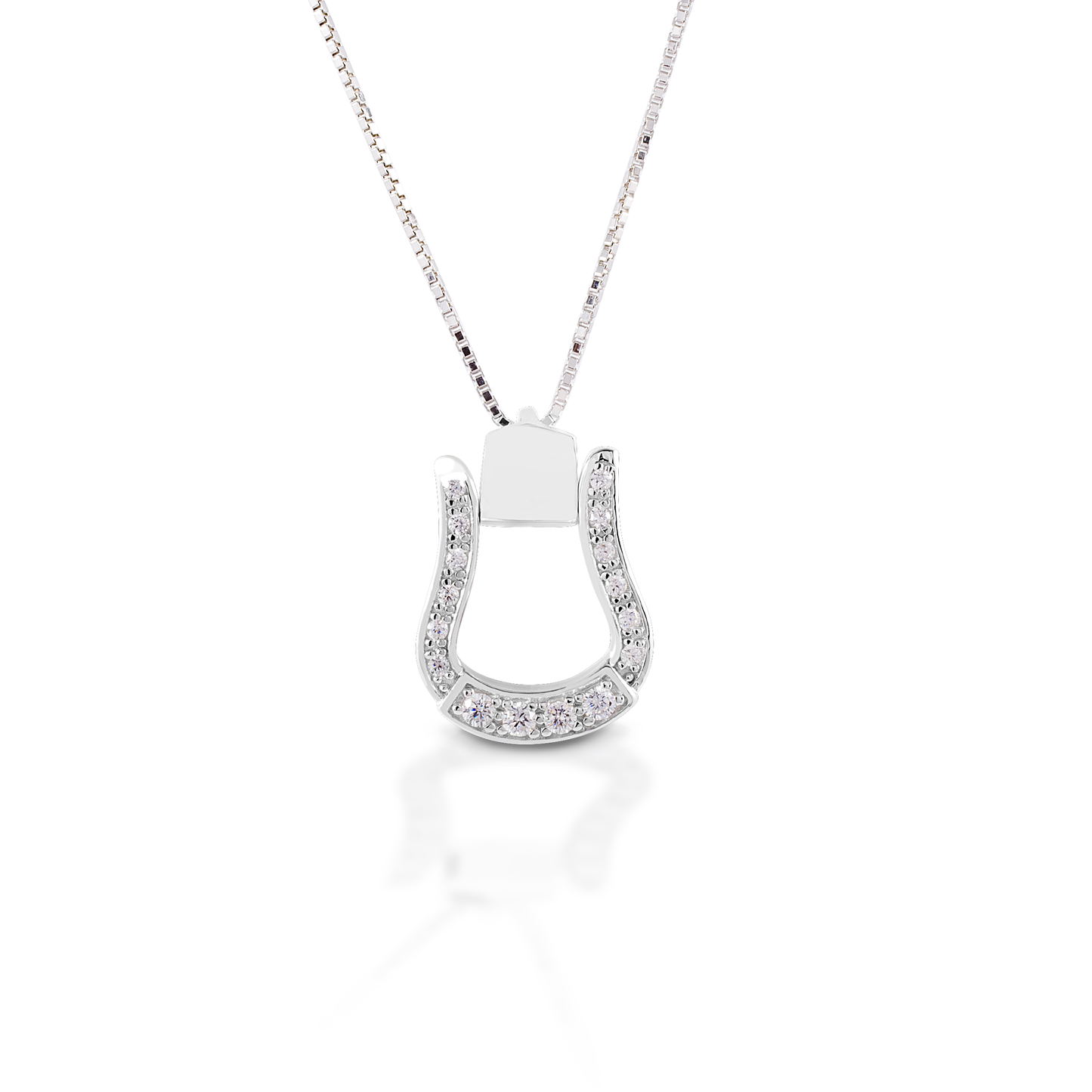 Cowgirl up with the Kelly Herd Oxbow Stirrup Necklace! This necklace features a Western oxbow stirrup shaped pendant fully enhanced with clear cubic zirconia. Made of sterling silver, it comes with an adjustable 16-18" chain.  Features      Western oxbow stirrup pendant     Clear CZ stones     Sterling Silver     Adjustable 16-18" chain     14mm x 18mm