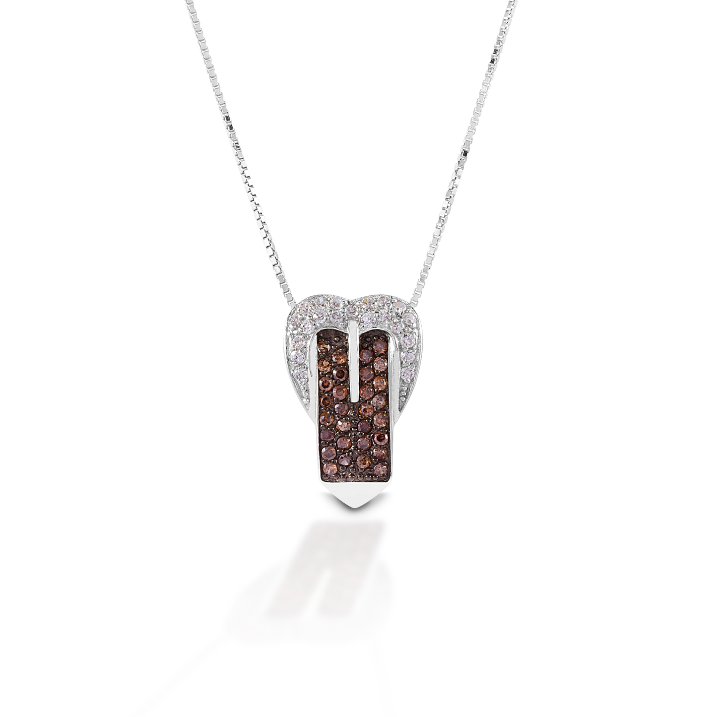 The Kelly Herd Cognac Buckle Necklace features a classic Western buckle in clear CZ stones with a "belt" of gorgeous Cognac cubic zirconia. Sterling silver. Comes with adjustable 16-18" chain.  Features      Western buckle pendant     Clear and Cognac CZ stones     Sterling Silver     Adjustable 16-18" chain     17mm x 22mm