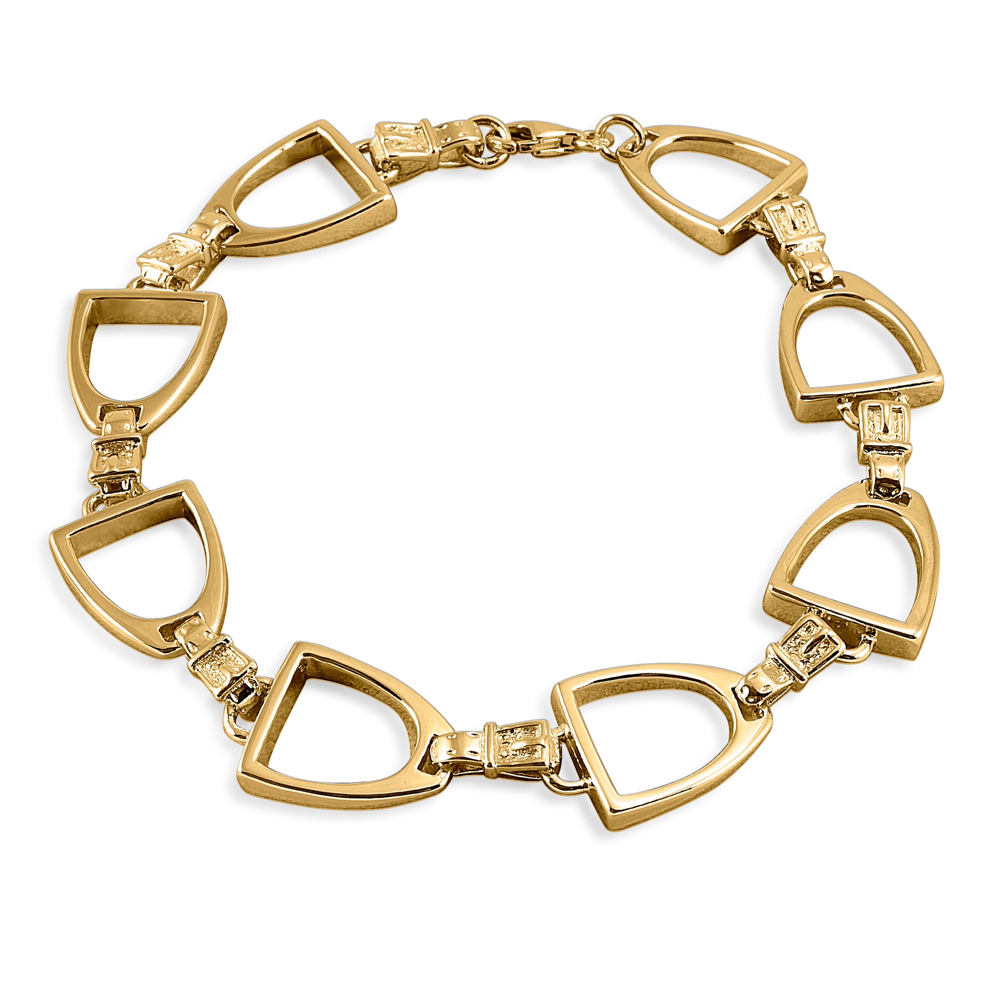 In the tradition of European fashion houses, the Kelly Herd Stirrup Bracelets utilizes English stirrups as a fashion motif. Available in your choice of white or yellow gold.  Features      English stirrup bracelet     Available in white, or yellow 14k gold     12mm x 7 1/4''