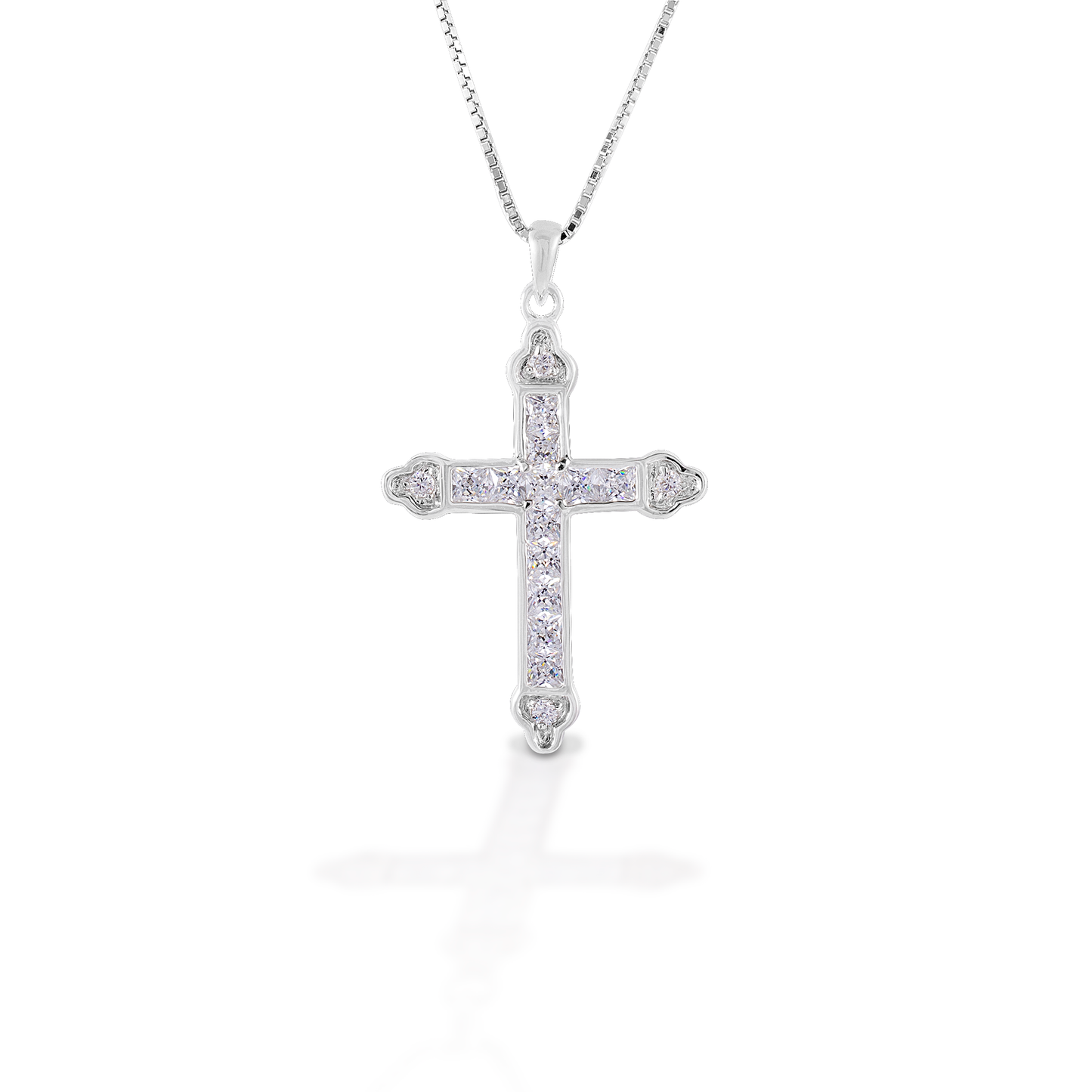The Kelly Herd Clear Cross is a traditional St. Thomas style cross fashioned in sterling silver with clear CZ stones. Comes with an adjustable 16-18" chain.  Features      Traditional cross pendant     Clear CZ stones     Sterling silver     Comes with adjustable 16-18" chain     29mm x21mm