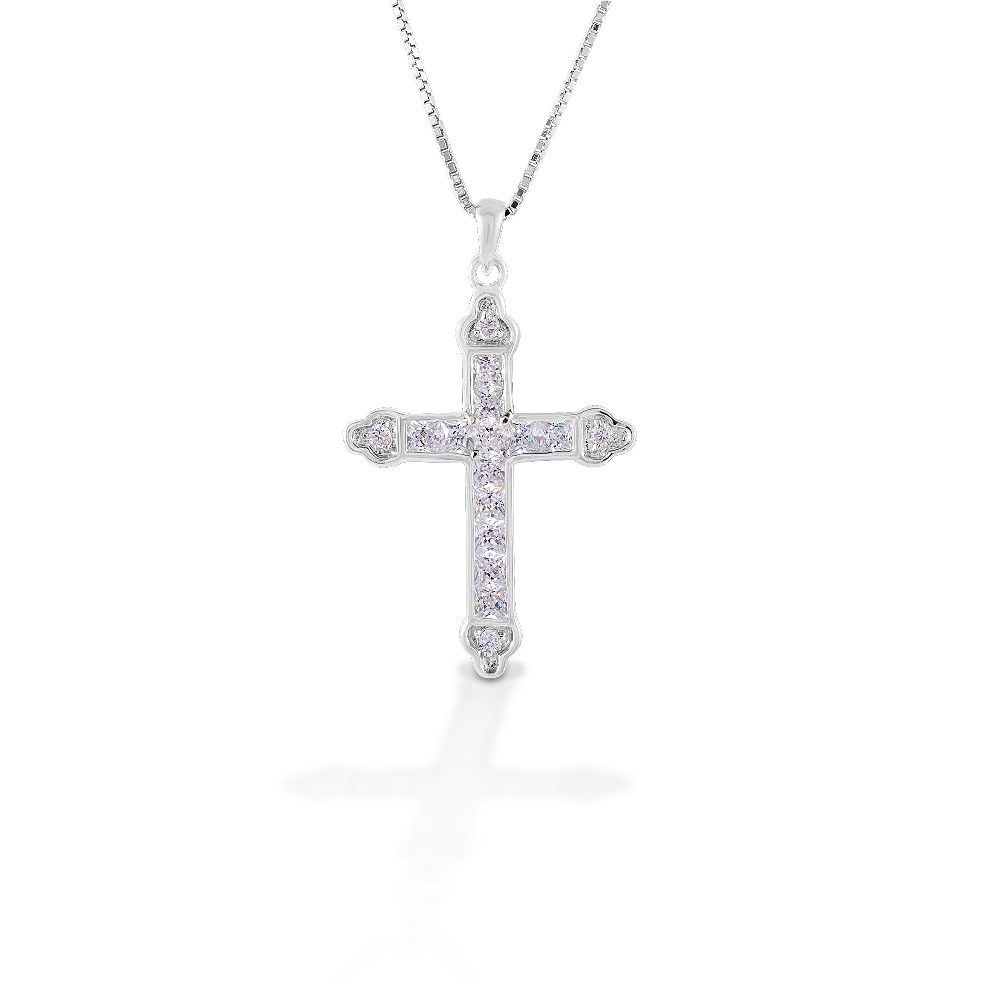 The Kelly Herd Clear Cross is a traditional St. Thomas style cross fashioned in sterling silver with clear CZ stones. Comes with an adjustable 16-18" chain.  Features      Traditional cross pendant     Clear CZ stones     Sterling silver     Comes with adjustable 16-18" chain     29mm x21mm