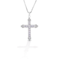 The Kelly Herd Clear Cross is a traditional St. Thomas style cross fashioned in sterling silver with clear CZ stones. Comes with an adjustable 16-18" chain.  Features      Traditional cross pendant     Clear CZ stones     Sterling silver     Comes with adjustable 16-18" chain     29mm x21mm