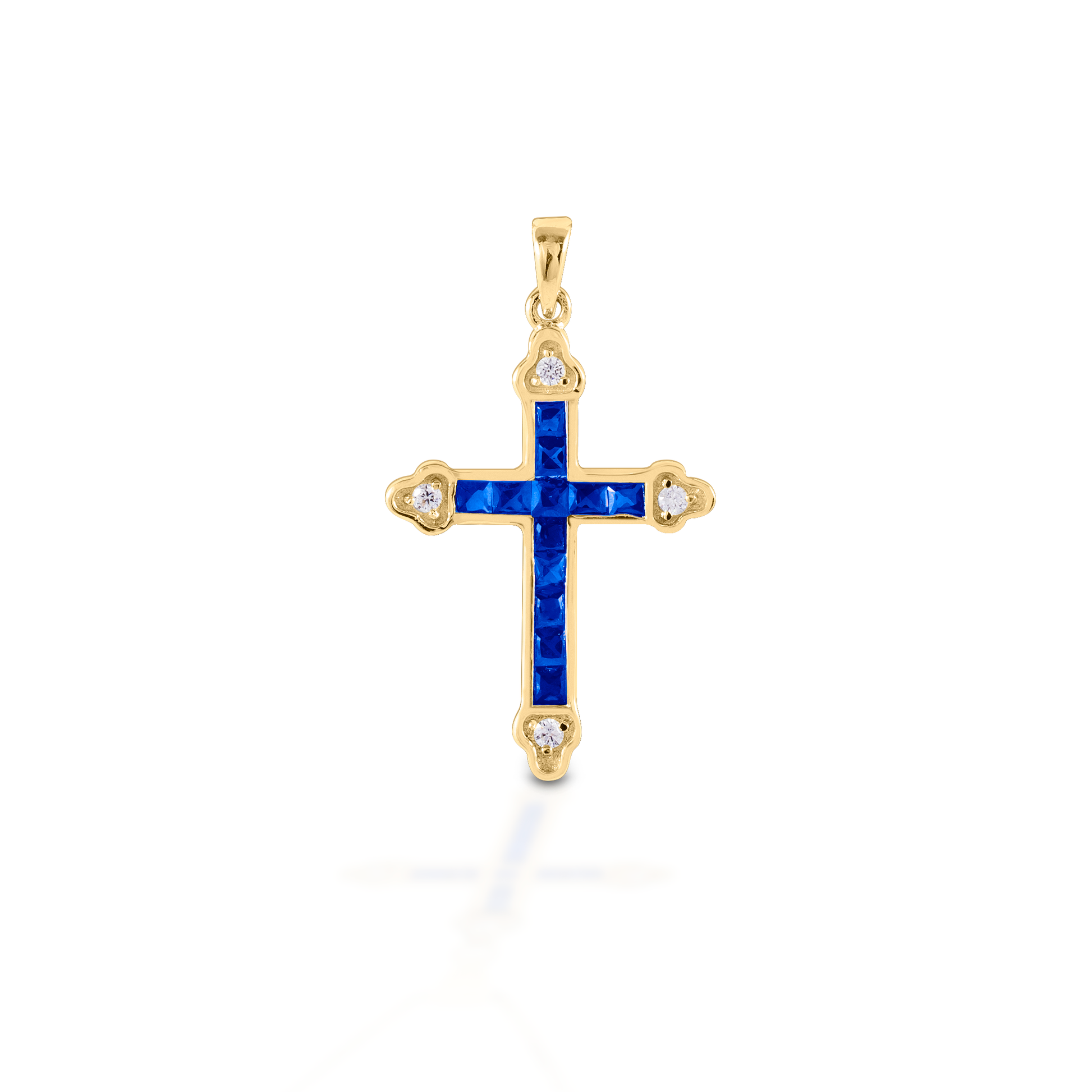 The Kelly Herd Blue Cross is a traditional St. Thomas style cross fashioned in 14K gold with sapphires and diamonds.  Features      Traditional cross pendant     Blue and clear stones     Available in 14K gold with sapphires and diamonds     29mm x 21mm
