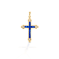 The Kelly Herd Blue Cross is a traditional St. Thomas style cross fashioned in 14K gold with sapphires and diamonds.  Features      Traditional cross pendant     Blue and clear stones     Available in 14K gold with sapphires and diamonds     29mm x 21mm