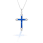 The Kelly Herd Blue Cross is a traditional St. Thomas style cross fashioned out of sterling silver with blue and clear CZ stones. Comes with an adjustable 16-18" chain.  Features      Traditional cross pendant     Blue and clear CZ stones     Sterling silver     Comes with adjustable 16-18" chain     29mm x 21mm