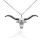 Hook 'Em Horns! The Kelly Herd Large Longhorn Necklace features an incredibly detailed long horn head with a brushed surface and shiny black horns. Made of sterling silver, with clear CZ "eyes" . Comes with adjustable 16-18" chain.  Features      Long horn pendant     Clear CZ stones     Sterling Silver     Comes with adjustable 16-18" chain     41mm x 24mm