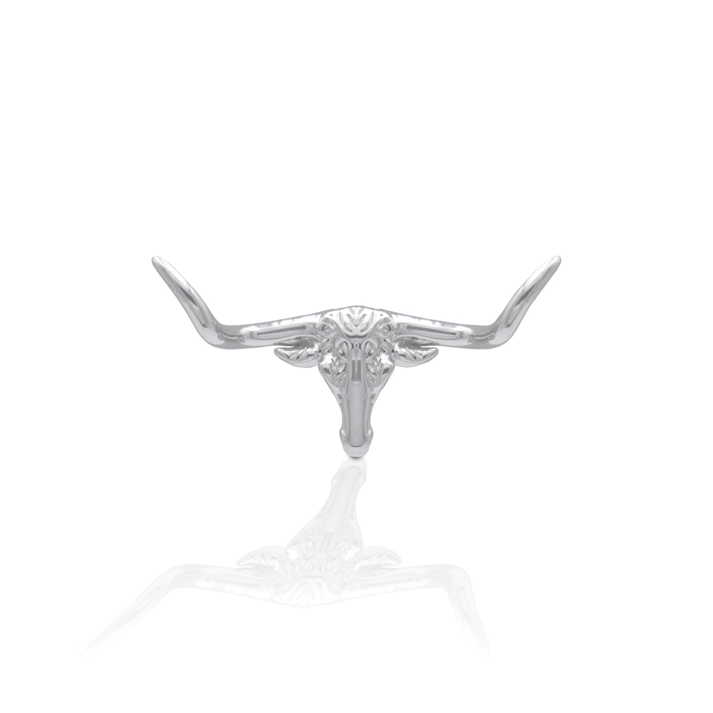 Perhaps nothing better symbolizes the lure of the west than longhorn cattle. Well we brought a little piece of the west to your wardrobe with the Kelly Herd Small Longhorn Tie Tack. Sleek and shiny, this tie tack can also be worn as a lapel or hat pin. Perfect for those who yearn to display the wild untamed spirit of the west.    Features      Detailed Longhorn Design     Polished High Shine Surface     Measures 15mm high x 25mm wide     Straight Pin Catch     Sterling Silver