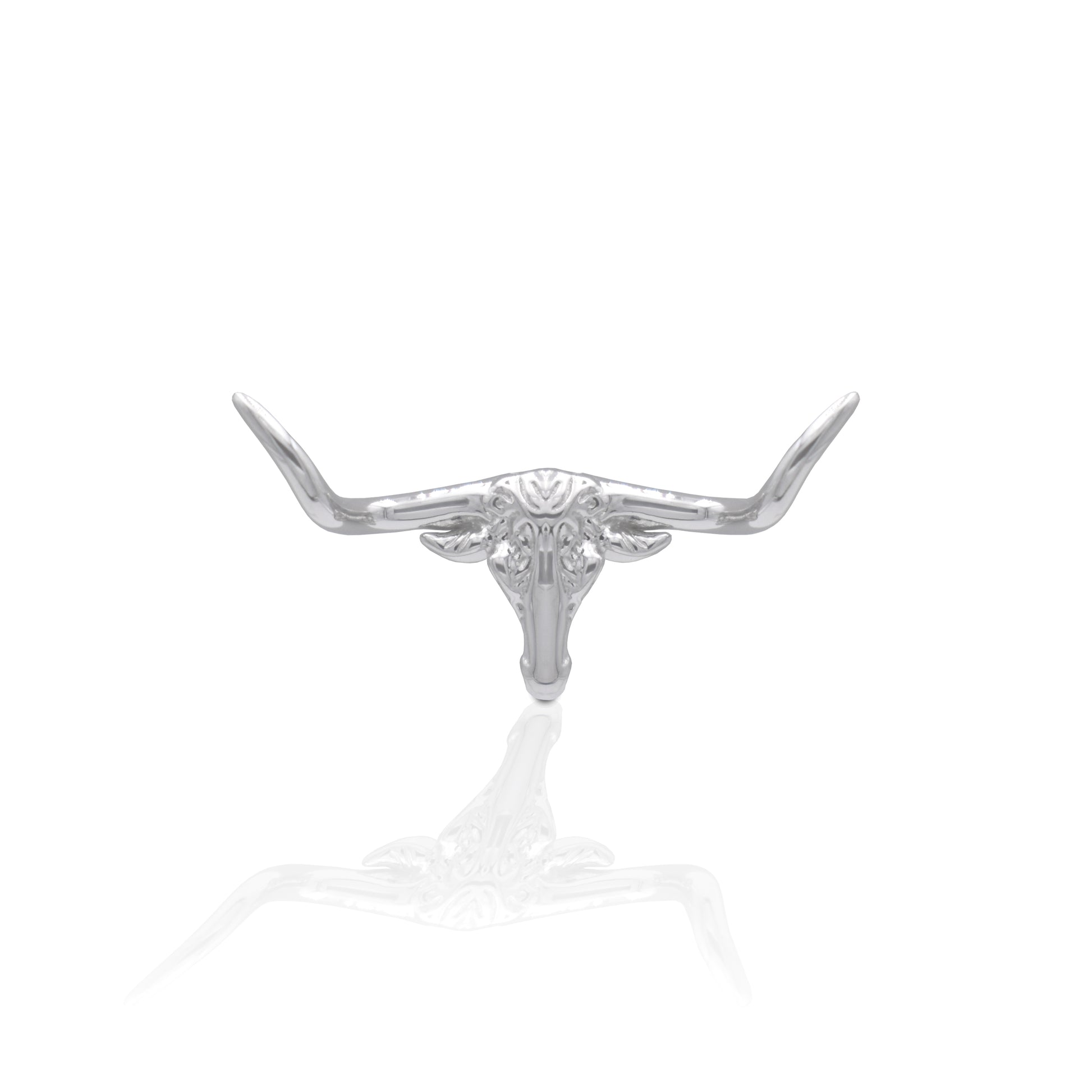 Perhaps nothing better symbolizes the lure of the west than longhorn cattle. Well we brought a little piece of the west to your wardrobe with the Kelly Herd Small Longhorn Tie Tack. Sleek and shiny, this tie tack can also be worn as a lapel or hat pin. Perfect for those who yearn to display the wild untamed spirit of the west.    Features      Detailed Longhorn Design     Polished High Shine Surface     Measures 15mm high x 25mm wide     Straight Pin Catch     Sterling Silver