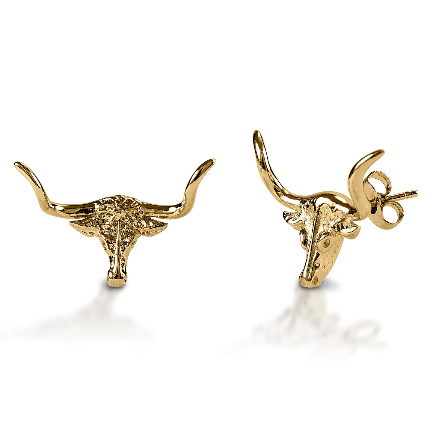 Sleek and shiny, the Kelly Herd Small Long Horn Earrings feature a long horn head in your choice of smooth white or yellow gold. Post backs.  Features      Long horn head earrings     Available in white, or yellow 14k gold     Smooth shiny surface     Post backs