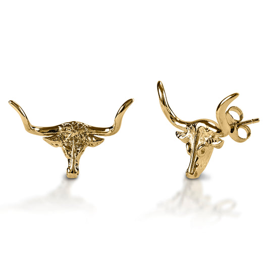 Sleek and shiny, the Kelly Herd Small Long Horn Earrings feature a long horn head in your choice of smooth white or yellow gold. Post backs.  Features      Long horn head earrings     Available in white, or yellow 14k gold     Smooth shiny surface     Post backs