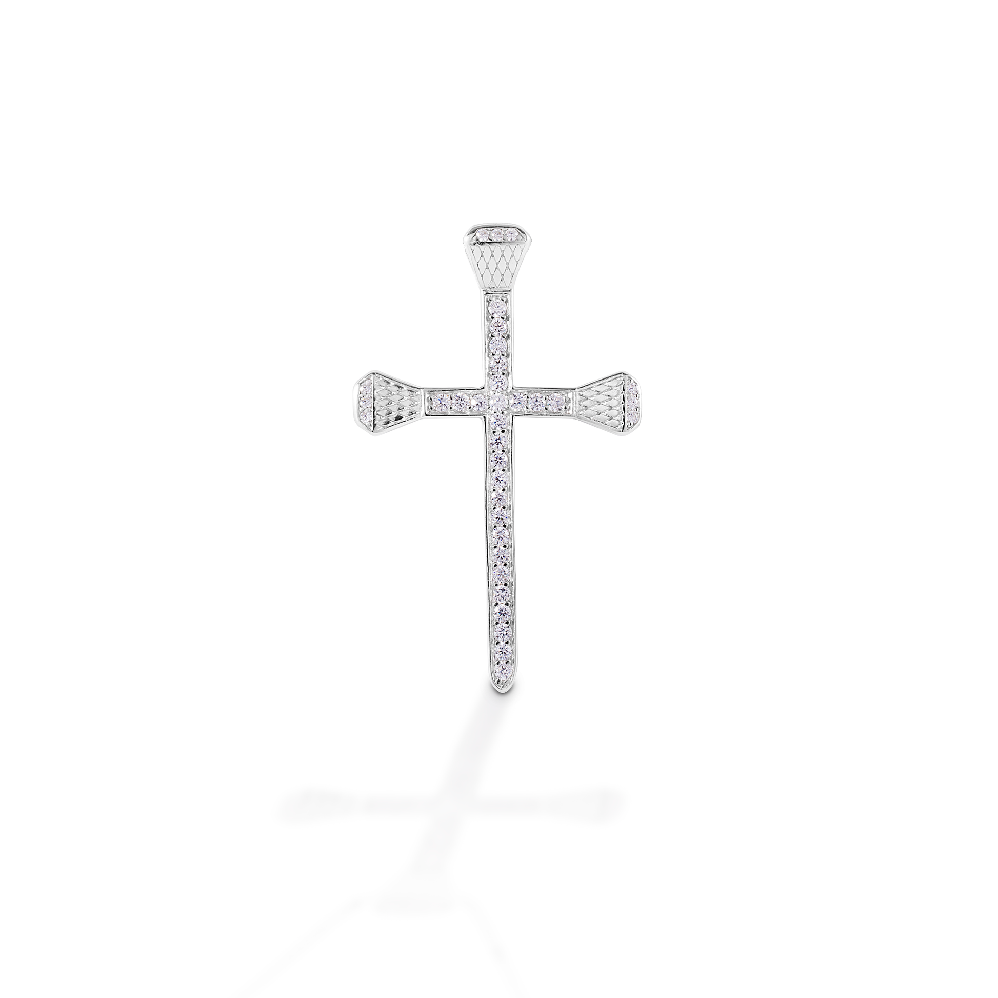 Kelly Herd's Pavé Horseshoe Nail Cross pendant is both beautiful to look at and beautifully symbolic. The message of faith and horses is clear with the use of horseshoe nails making the cross. Available in 14K gold; enhanced with diamonds.  Features      Cross made of horseshoe nails     Pavé diamonds     Available in 14K gold     26mm x 41mm