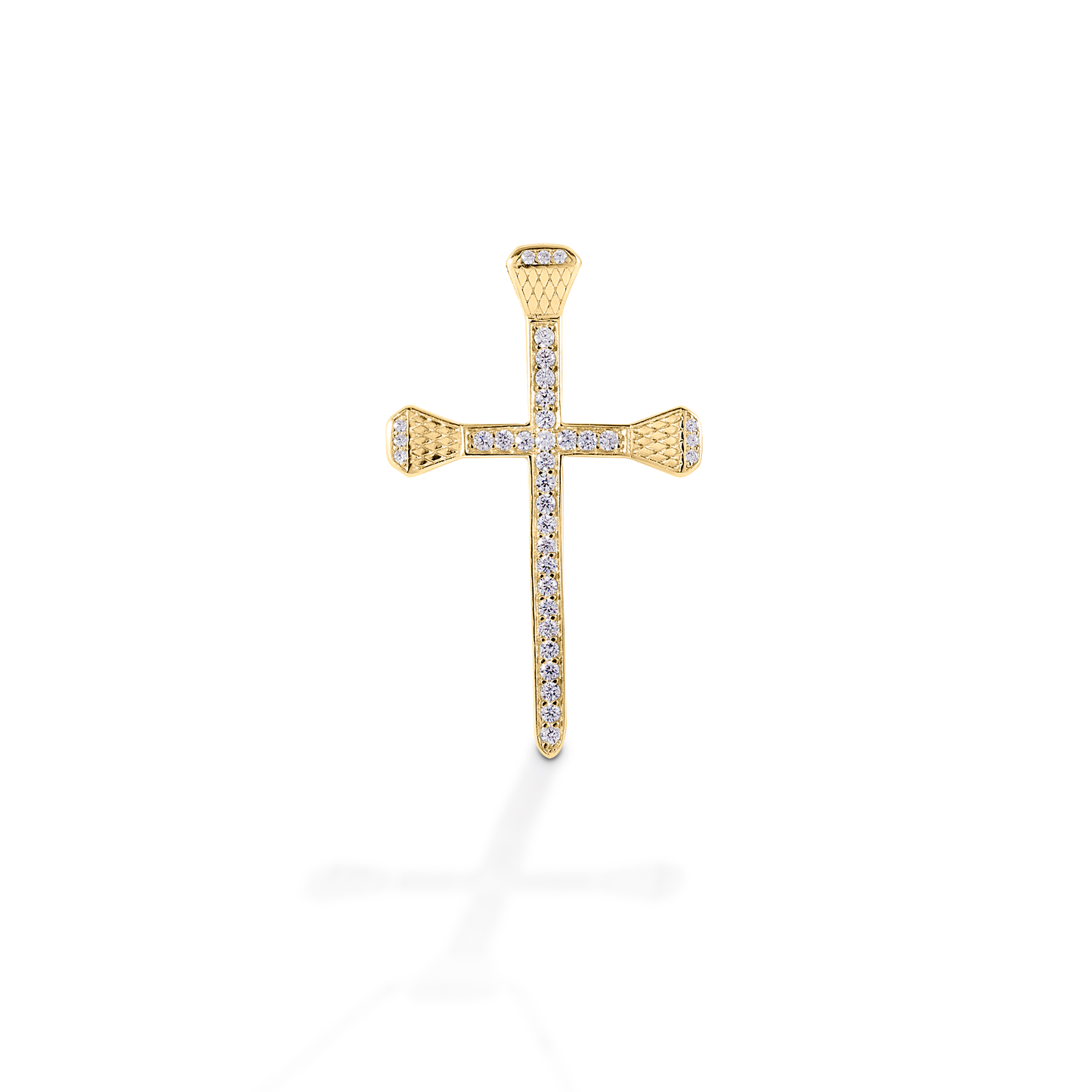 Kelly Herd's Pavé Horseshoe Nail Cross pendant is both beautiful to look at and beautifully symbolic. The message of faith and horses is clear with the use of horseshoe nails making the cross. Available in 14K gold; enhanced with diamonds.  Features      Cross made of horseshoe nails     Pavé diamonds     Available in 14K gold     26mm x 41mm