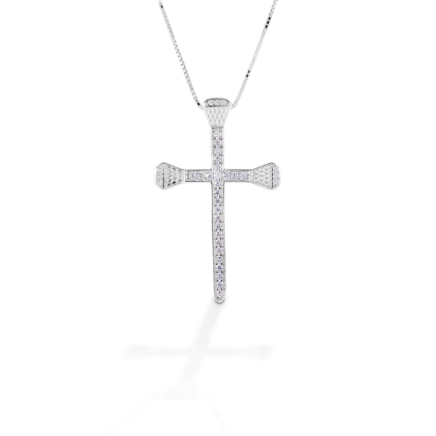 Kelly Herd's Pavé Horseshoe Nail Cross necklace is both beautiful to look at and beautifully symbolic. The message of faith and horses is clear with the use of horseshoe nails making the cross. Made of sterling silver; enhanced with clear cubic zirconia stones. Comes with adjustable 16-18" chain.  Features      Cross made of horseshoe nails     Pavé clear CZ stones     Sterling Silver     Adjustable 16-18" chain     26mm x 41mm