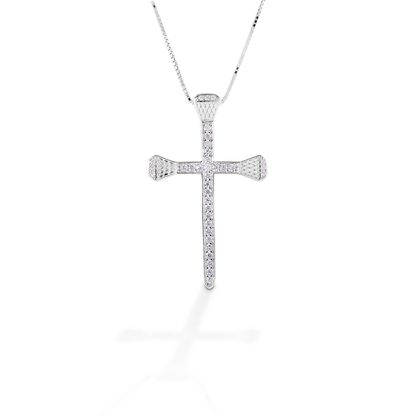 Kelly Herd's Pavé Horseshoe Nail Cross necklace is both beautiful to look at and beautifully symbolic. The message of faith and horses is clear with the use of horseshoe nails making the cross. Made of sterling silver; enhanced with clear cubic zirconia stones. Comes with adjustable 16-18" chain.  Features      Cross made of horseshoe nails     Pavé clear CZ stones     Sterling Silver     Adjustable 16-18" chain     26mm x 41mm