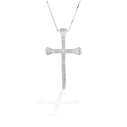 Kelly Herd's Pavé Horseshoe Nail Cross necklace is both beautiful to look at and beautifully symbolic. The message of faith and horses is clear with the use of horseshoe nails making the cross. Made of sterling silver; enhanced with clear cubic zirconia stones. Comes with adjustable 16-18" chain.  Features      Cross made of horseshoe nails     Pavé clear CZ stones     Sterling Silver     Adjustable 16-18" chain     26mm x 41mm