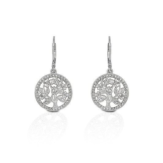 Are you looking for a trendy yet timeless style? Kelly Herd's Circle Tree Earrings will fit the bill! These beautiful sterling silver earrings feature a tree set in a circle of cubic zirconia. Evocative of nature and family trees, these earrings will make a perfect gift, either to yourself or a loved one!  Features      Elegant nature motif earrings     Sterling silver with clear cubic zirconia stones     Matching necklace is available