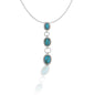     Graduated Cabochon Design     Lab Turquoise Stones     Measures 46mm high x 7mm wide     16"-18" Adjustable Box Chain     Matching Earrings Available     Sterling Silver