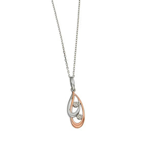 Do you favor a clean lined modern vibe? Kelly Herd's Rose Gold and Silver Double Teardrop Necklace will be the perfect match to your modern lifestyle! This sleek pendant has one rose gold loop and one sterling silver loop, each centered with a cubic zirconia single stone.  Features:      Double teardrop shape     Sterling silver and rose gold     Cubic zirconia stones     Matching earring available