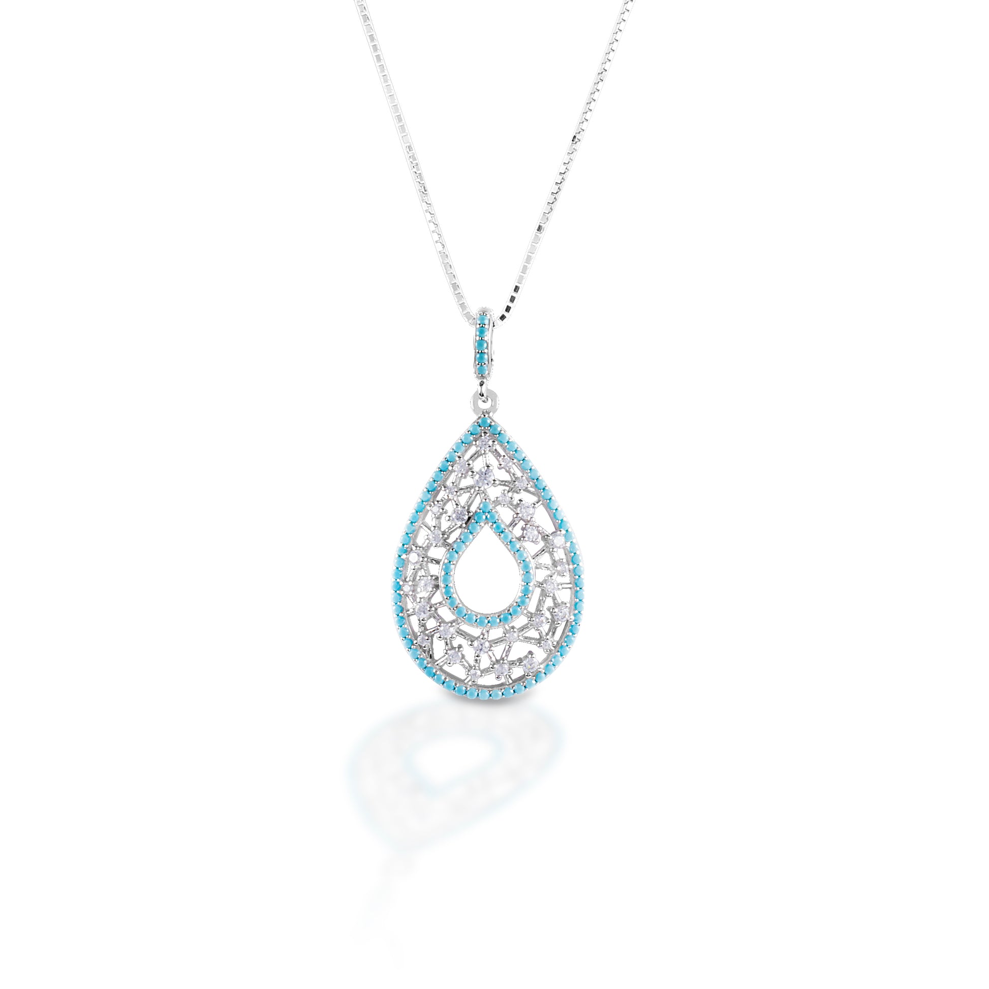 The Kelly Herd Turquoise & Clear Teardrop Pendant is stunning. This teardrop pendant consists of a teardrop shaped lattice of sterling silver and cubic zirconia stones, surrounded by small turquoise stones. The result is an elegant "lighter than air" look that is perfect for spring outfits, or perhaps your "something blue" at a wedding?!  Features:      Teardrop shape pendant     Sterling silver lattice     Cubic zirconia stones     Turquoise stone frame     Comes complete with adjustable chain