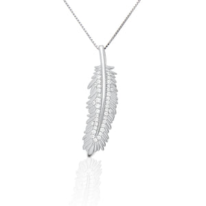     Detailed Feather Design     Enhanced with Clear Cubic Zirconia Stones     Sterling Silver     Includes 16"-18" Adjustable Box Chain     Measures 36mm high and 10mm wide