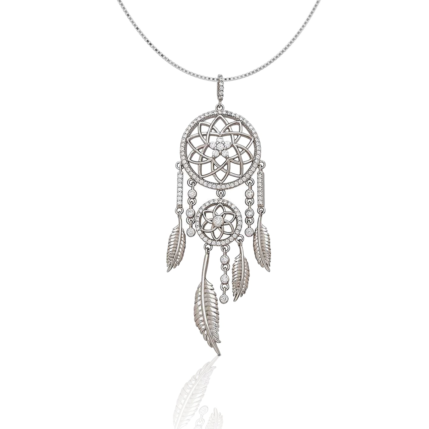 The traditional dream catcher is truly a symbol of the Southwest. We designed the Kelly Herd Dream Catcher Pendant Necklace to evoke that protective nature. Our design is accented with dazzling silver feathers and clear cubic zirconia stones. Make dreams come true by adding the matching earrings! Comes with a 16"-18" adjustable box chain.    Features      Intricate Dream Catcher Design     Clear Cubic Zirconia Stones     16"-18" adjustable box chain     Sterling Silver
