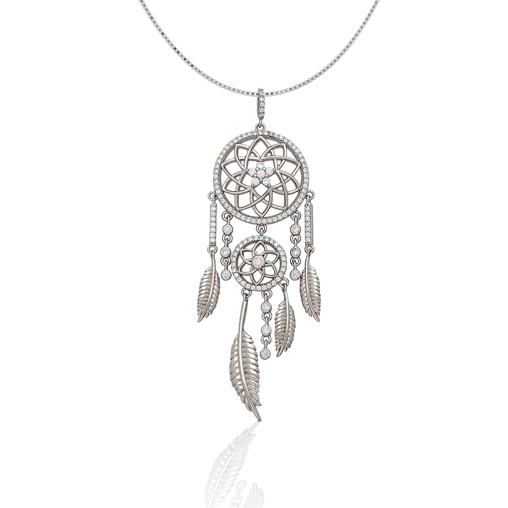 The traditional dream catcher is truly a symbol of the Southwest. We designed the Kelly Herd Dream Catcher Pendant Necklace to evoke that protective nature. Our design is accented with dazzling silver feathers and clear cubic zirconia stones. Make dreams come true by adding the matching earrings! Comes with a 16"-18" adjustable box chain.    Features      Intricate Dream Catcher Design     Clear Cubic Zirconia Stones     16"-18" adjustable box chain     Sterling Silver
