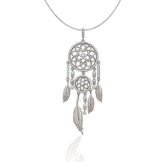 The traditional dream catcher is truly a symbol of the Southwest. We designed the Kelly Herd Dream Catcher Pendant Necklace to evoke that protective nature. Our design is accented with dazzling silver feathers and clear cubic zirconia stones. Make dreams come true by adding the matching earrings! Comes with a 16"-18" adjustable box chain.    Features      Intricate Dream Catcher Design     Clear Cubic Zirconia Stones     16"-18" adjustable box chain     Sterling Silver
