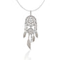 The traditional dream catcher is truly a symbol of the Southwest. We designed the Kelly Herd Dream Catcher Pendant Necklace to evoke that protective nature. Our design is accented with dazzling silver feathers and clear cubic zirconia stones. Make dreams come true by adding the matching earrings! Comes with a 16"-18" adjustable box chain.    Features      Intricate Dream Catcher Design     Clear Cubic Zirconia Stones     16"-18" adjustable box chain     Sterling Silver