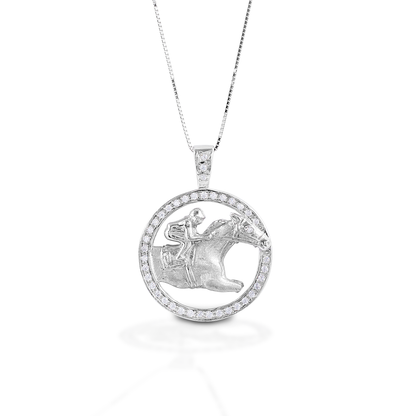 The Kelly Herd Circle Race Horse Pendant is a beautiful representation of the Sport of Kings! A horse and jockey at burst from a circle of clear CZ stones. Sterling Silver. Adjustable 16-18" chain.