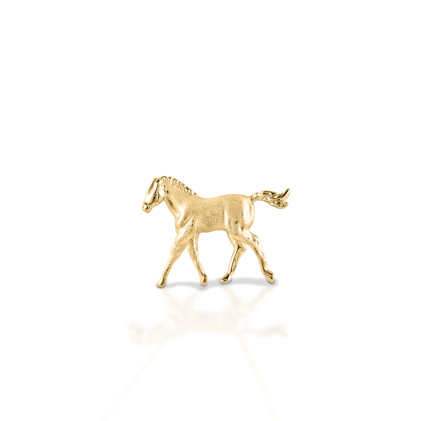 The Kelly Herd Trotting Colt Necklace is made of brushed 14K gold, featuring a beautifully crafted trotting colt.  Features      Trotting colt pendant     Finely detailed, brushed metal     Available in 14K gold     27mm x 41mm