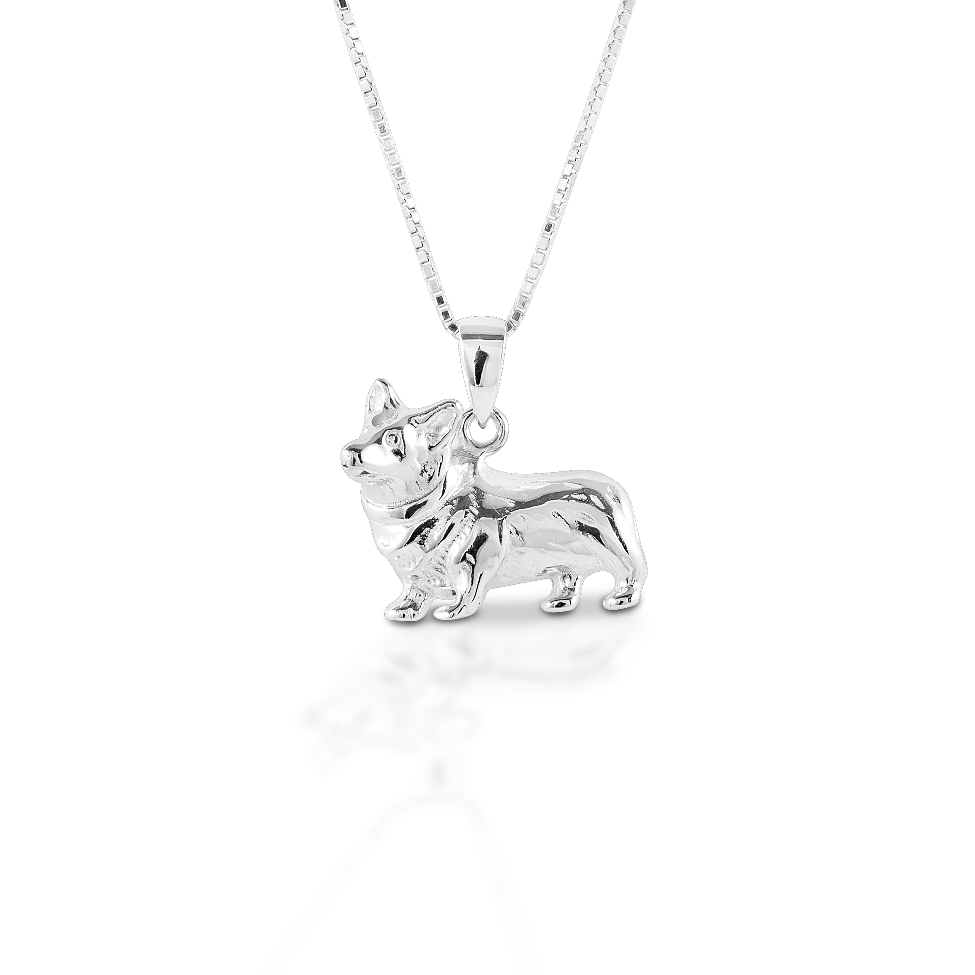 You can't help but love a Corgi! Kelly Herd's Corgi pendant is beautifully rendered in sterling silver. You can even see the fluffy hair! Comes with 16-18" adjustable chain.  Features      Corgi pendant     Sterling Silver     Comes with adjustable 16-18" chain     18 mm x 14 mm   