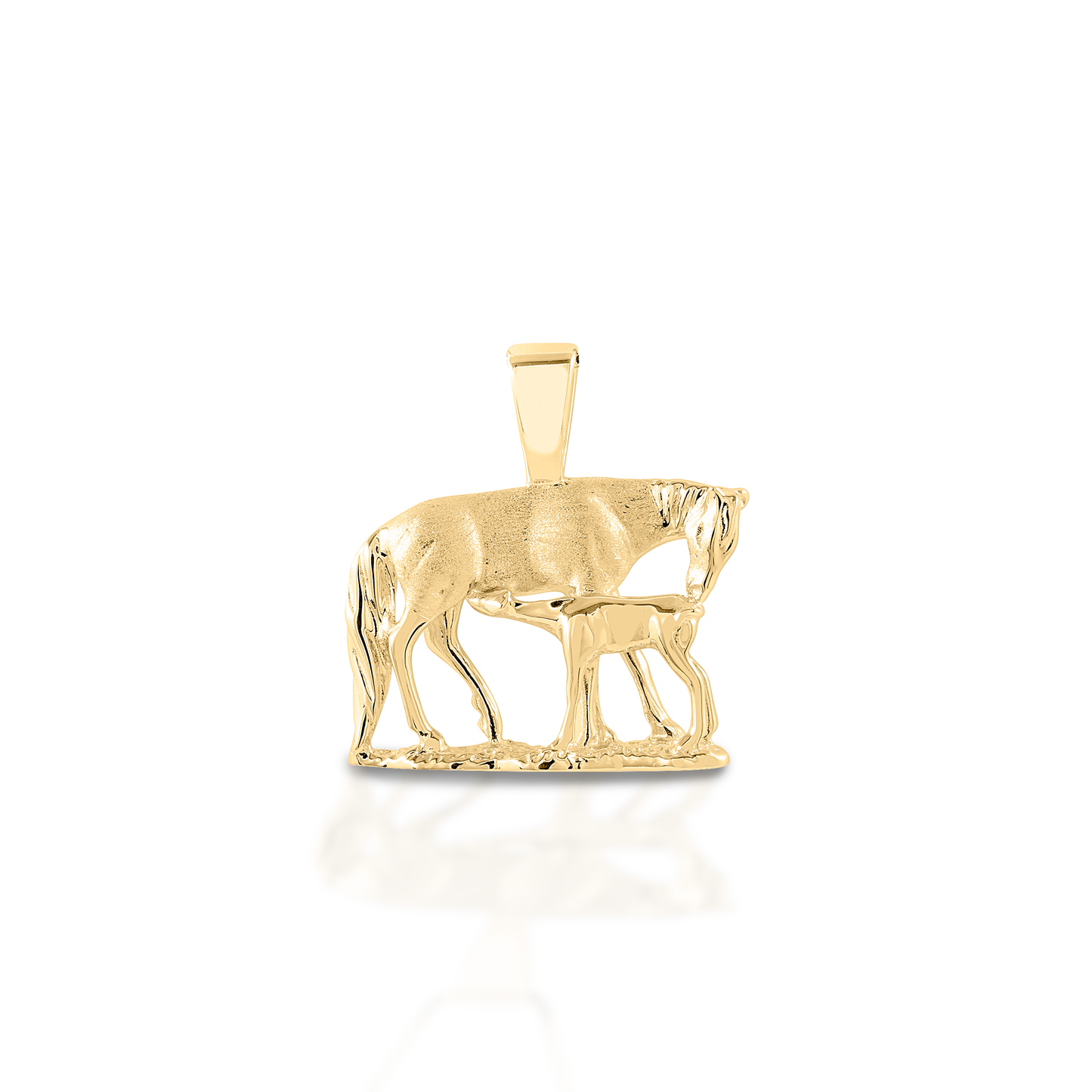 Who wouldn't be charmed by this lovely mare and foal necklace? The Kelly Herd Nursing Mare & Foal pendant is beautifully crafted in 14K gold. The mare is brushed metal, and the foal is shiny.  Features      Mare and foal pendant     Available in 14K gold     25mm x 20mm