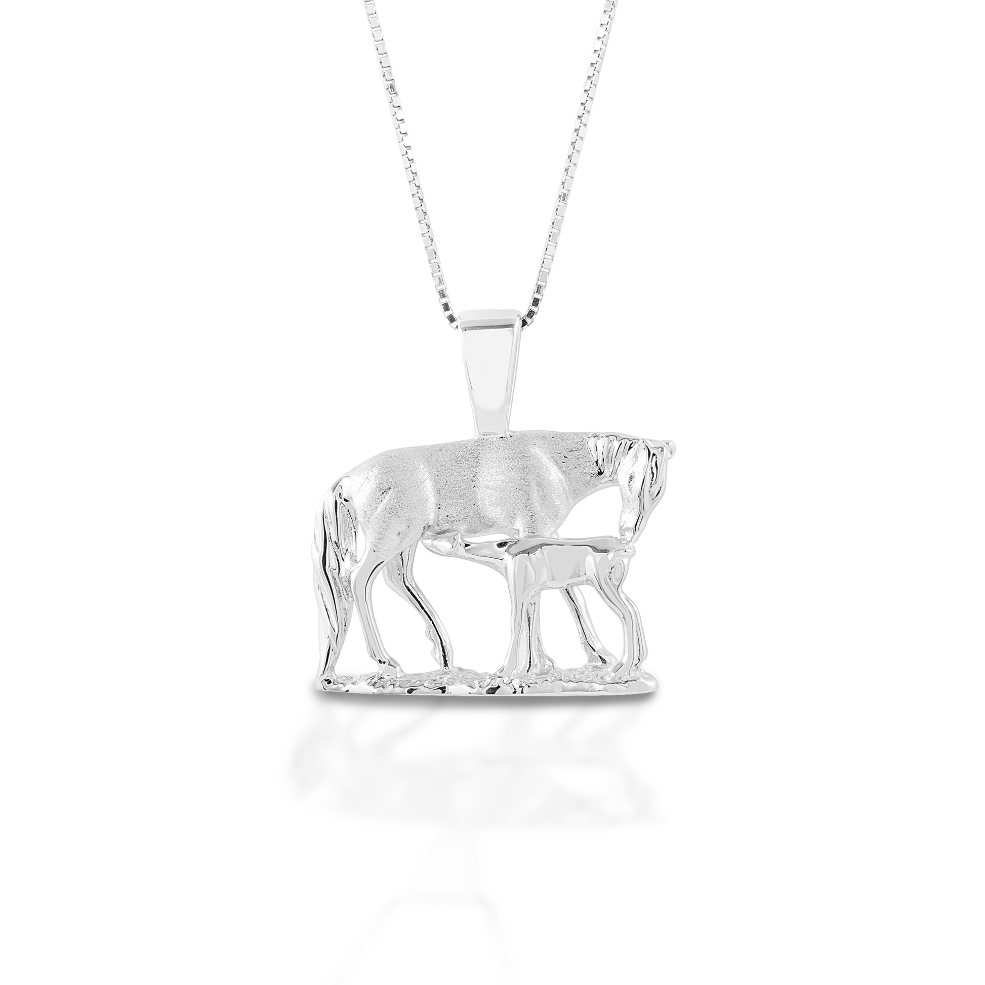 Who wouldn't be charmed by this lovely mare and foal necklace? The Kelly Herd Nursing Mare & Foal pendant is beautifully crafted in sterling silver. The mare is brushed metal, and the foal is shiny. Comes with 16-18" adjustable chain.  Features      Mare and foal pendant     Sterling Silver     Comes with adjustable 16-18" chain