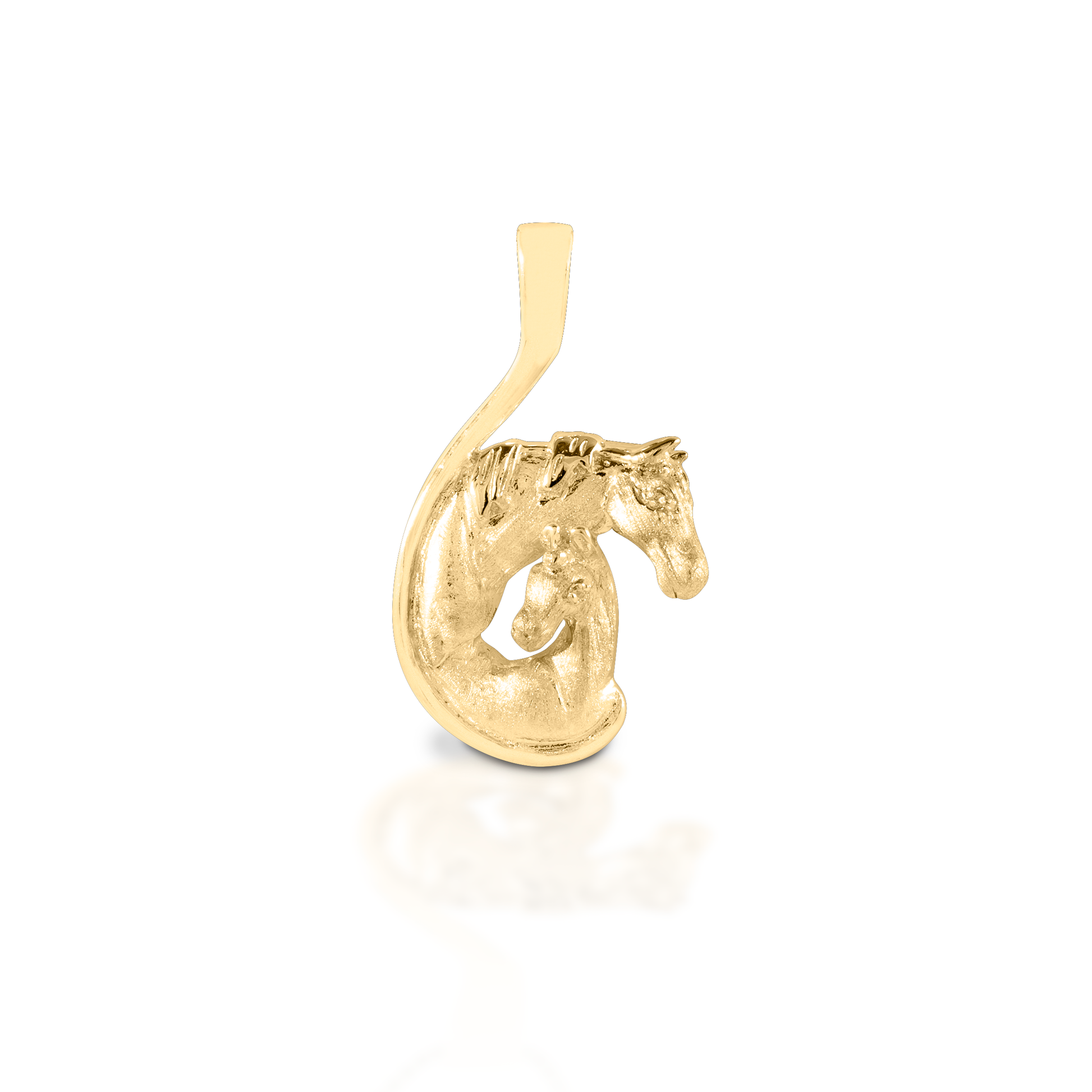 The Kelly Herd Mare and Foal Necklace celebrates equine motherhood. This lovely pendant is made of 14K gold, with a satin finish. The enveloping curve of the pendant represents the unbreakable bond of a mother's love. Perfect for Mother's Day or as a baby gift - either human or equine!  Features      Mare and foal pendant     Available in 14K gold     24mm x 41mm