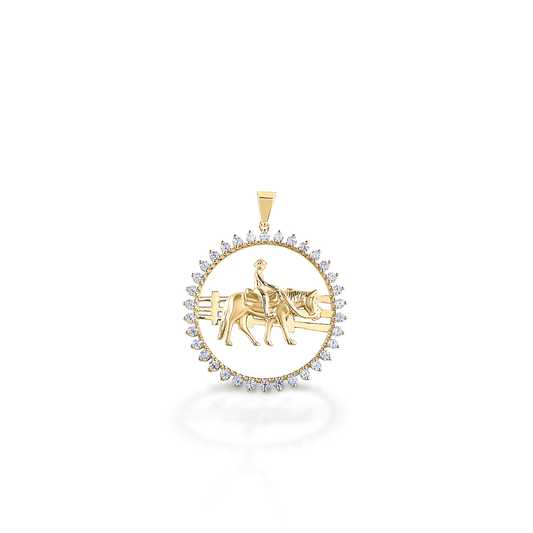 Kelly Herd's Ranch Horse Pendant captures the quieter moments of ranch and farm live. Crafted in 14K gold, and enhanced with diamonds.  Features      Ranch horse pendant     Diamonds     Available in 14k gold     28mm x 6mm