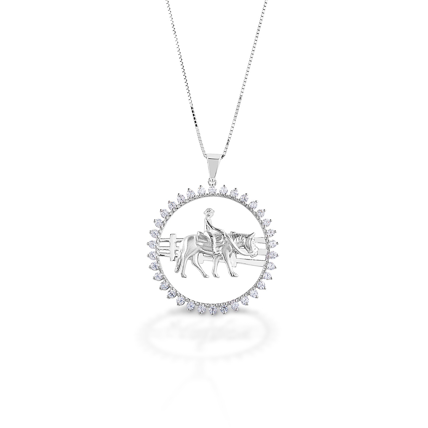 Kelly Herd's Ranch Horse Pendant captures the quieter moments of ranch and farm live. Crafted in sterling silver, and enhanced with CZ stones. Comes with 16-18" adjustable chain.  Features      Ranch horse pendant     Clear CZ stones     Sterling Silver     28mm x 6mm
