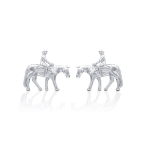 This pair of equestrian earrings is truly a work of art. The Kelly Herd Western Pleasure Horse with Rider Earrings perfectly portray the muscle tone of the horse and the perfect posture of the rider. They are a great addition to any equestrian jewelry collection.   Features      Western Pleasure Horse with Mounted Rider Design     Measures 12mm high and 14mm wide     Post Back     Sterling Silver