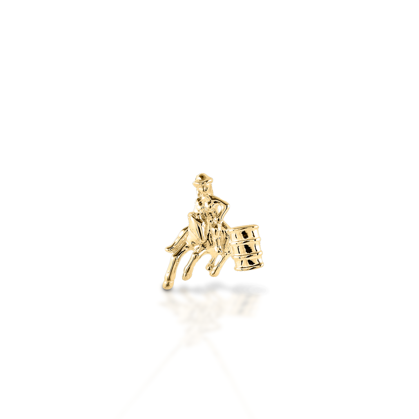 Turn and Burn! Celebrate your sport with the exquisitely detailed Kelly Herd Barrel Racing Pendant. Crafted in 14K gold, this pendant is a perfect tiny barrel horse and rider!  Features      Barrel horse pendant     Available in 14K gold     18mm x 17mm